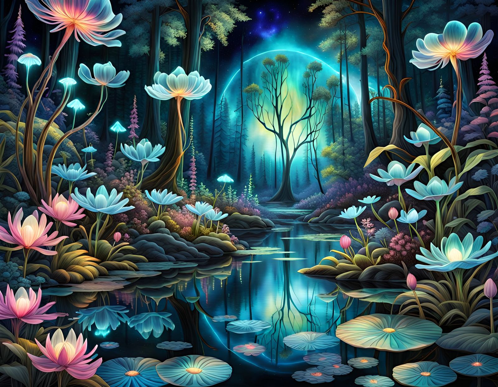 Glowing Bioluminescent Flowers in Watercolor Forest