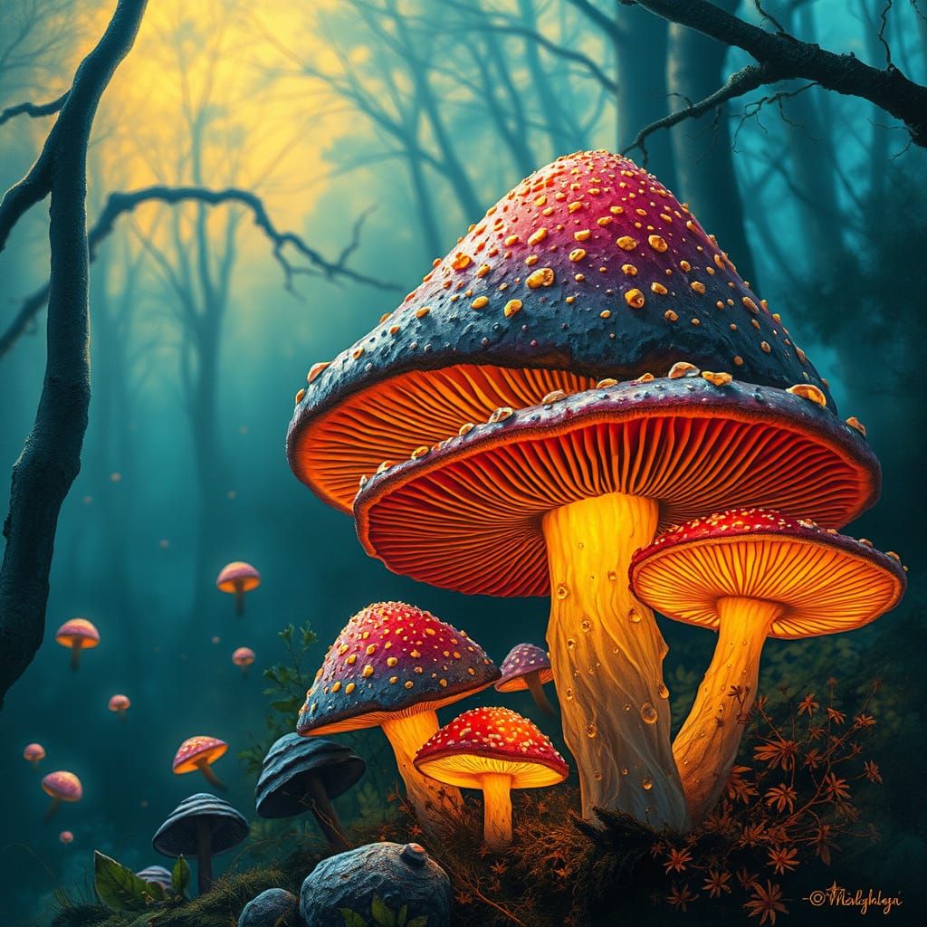 Mystical Glowing Mushrooms in Earthy Tones