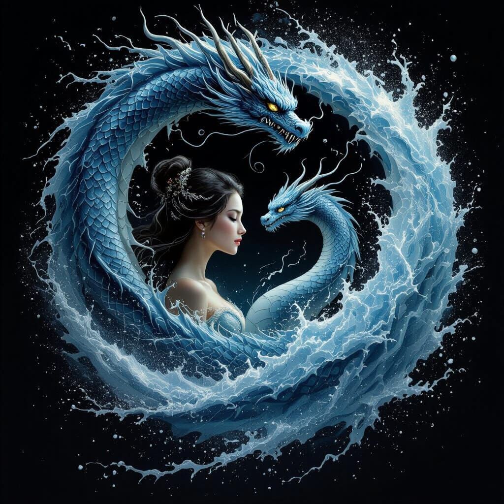 Dragon and Woman in Yin Yang Water Vortex