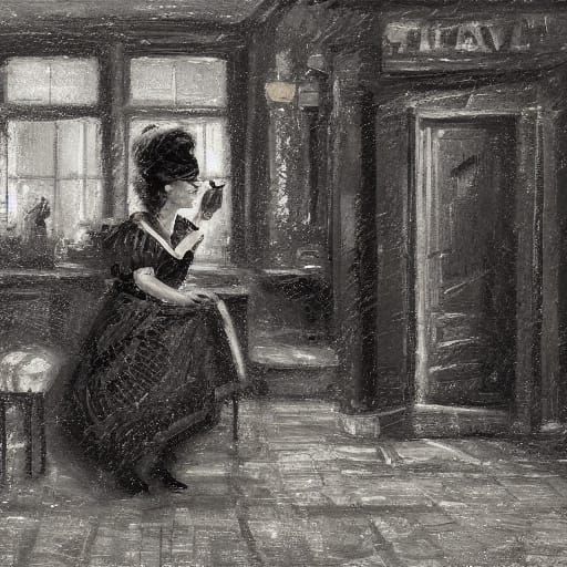 Noir Oil Painting of a Bright Brunette Woman Singing in a Ta...