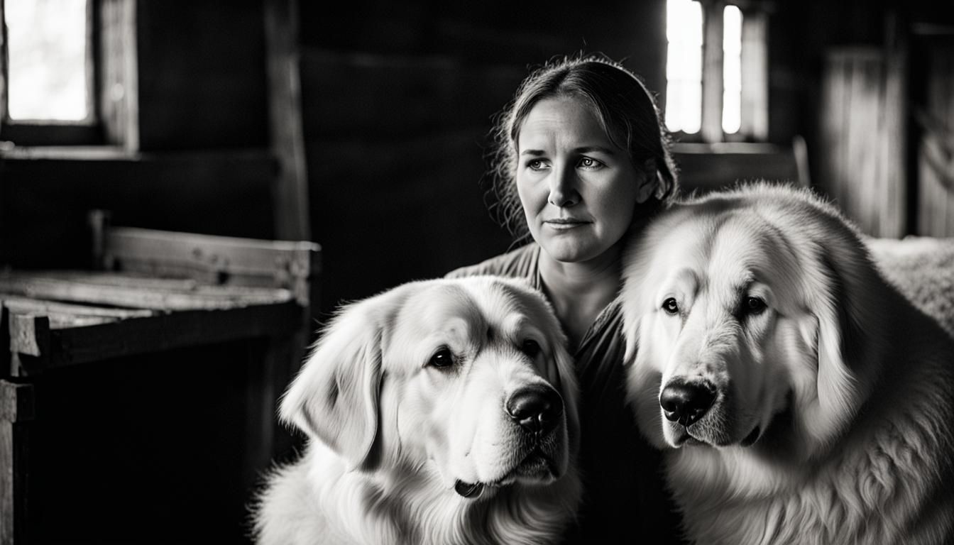 Peasant Woman and Great Pyrenees in Barn