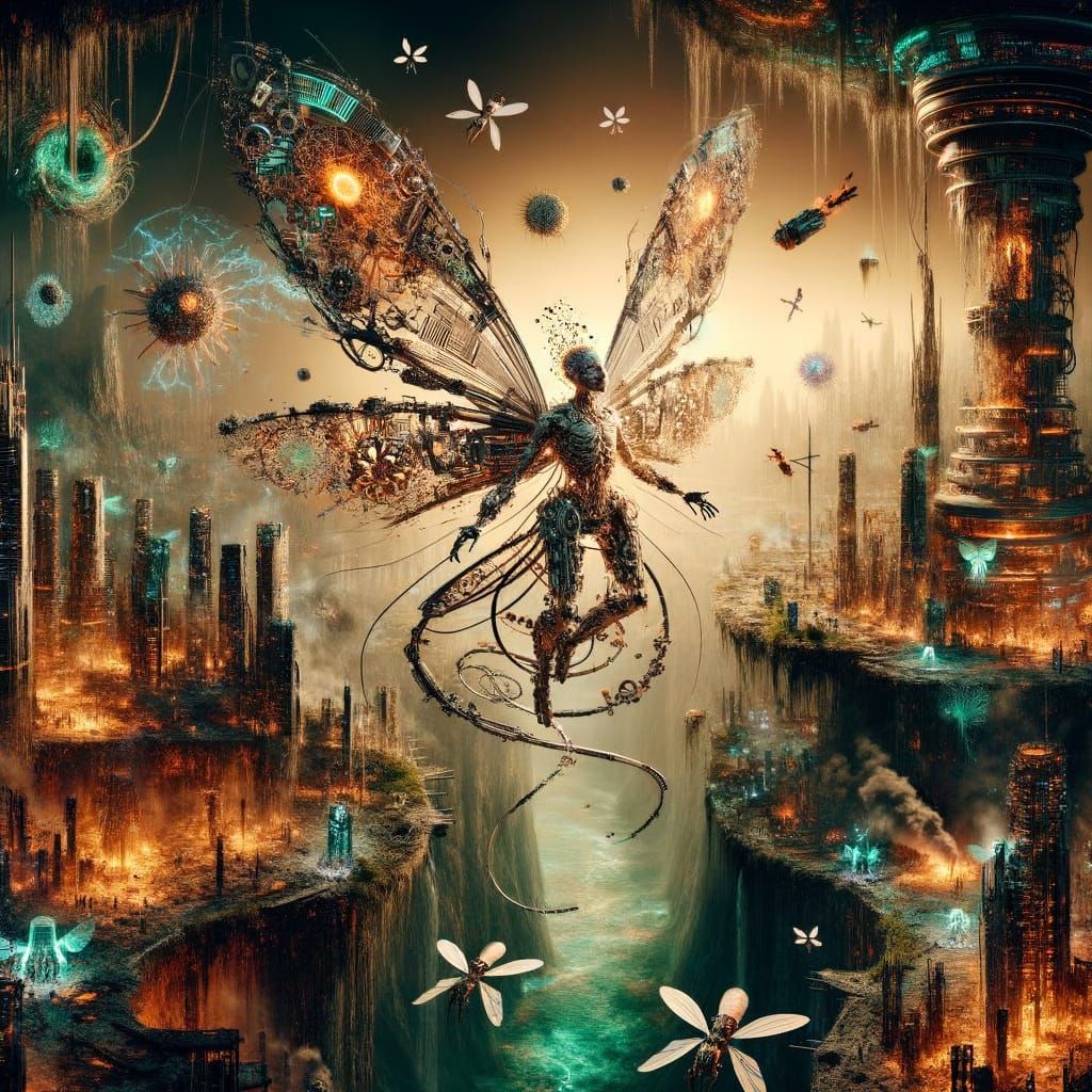 Biomechanical Fairies in Dystopian Cyberpunk Landscape