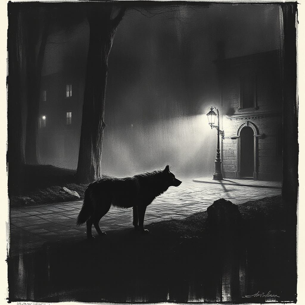 Eerie Wolf in Night Shadows: Hopper-esque Etching