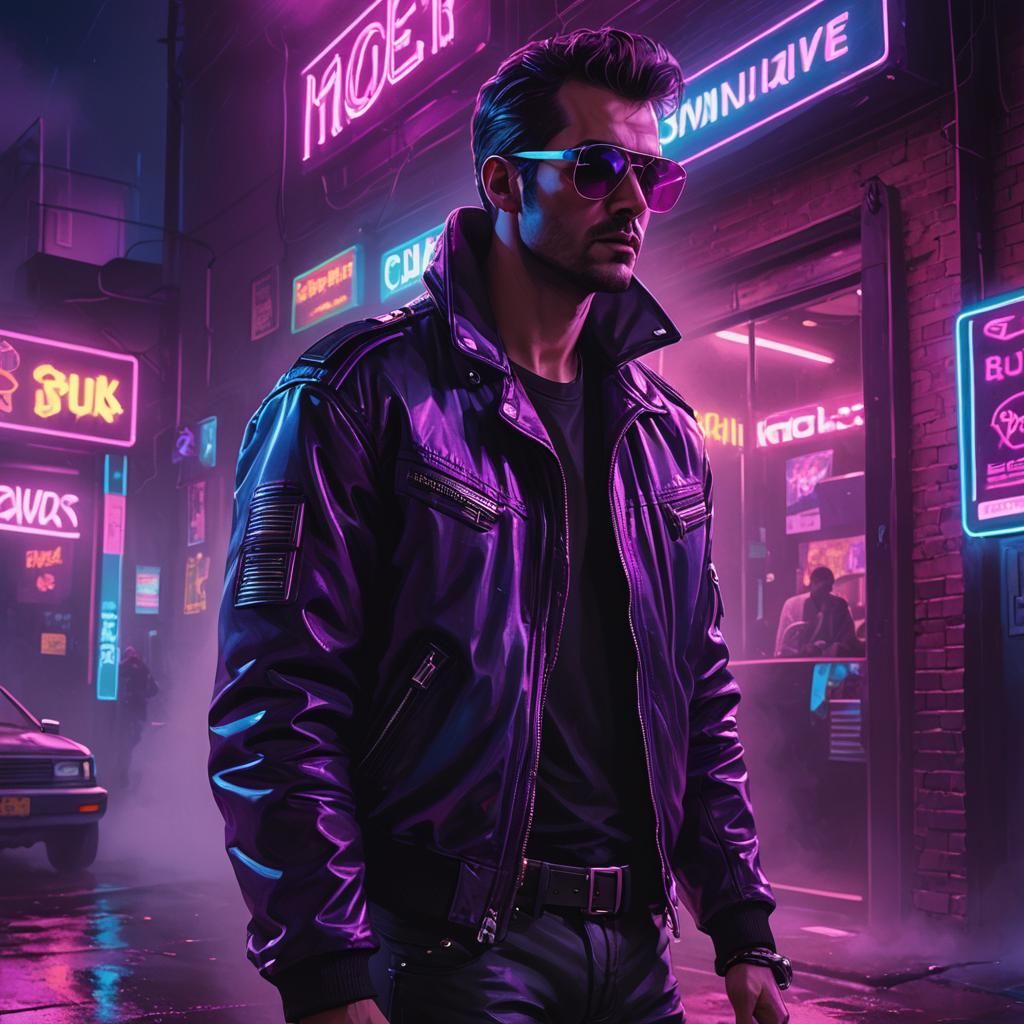 Synthwave Man at Neon Club Entrance