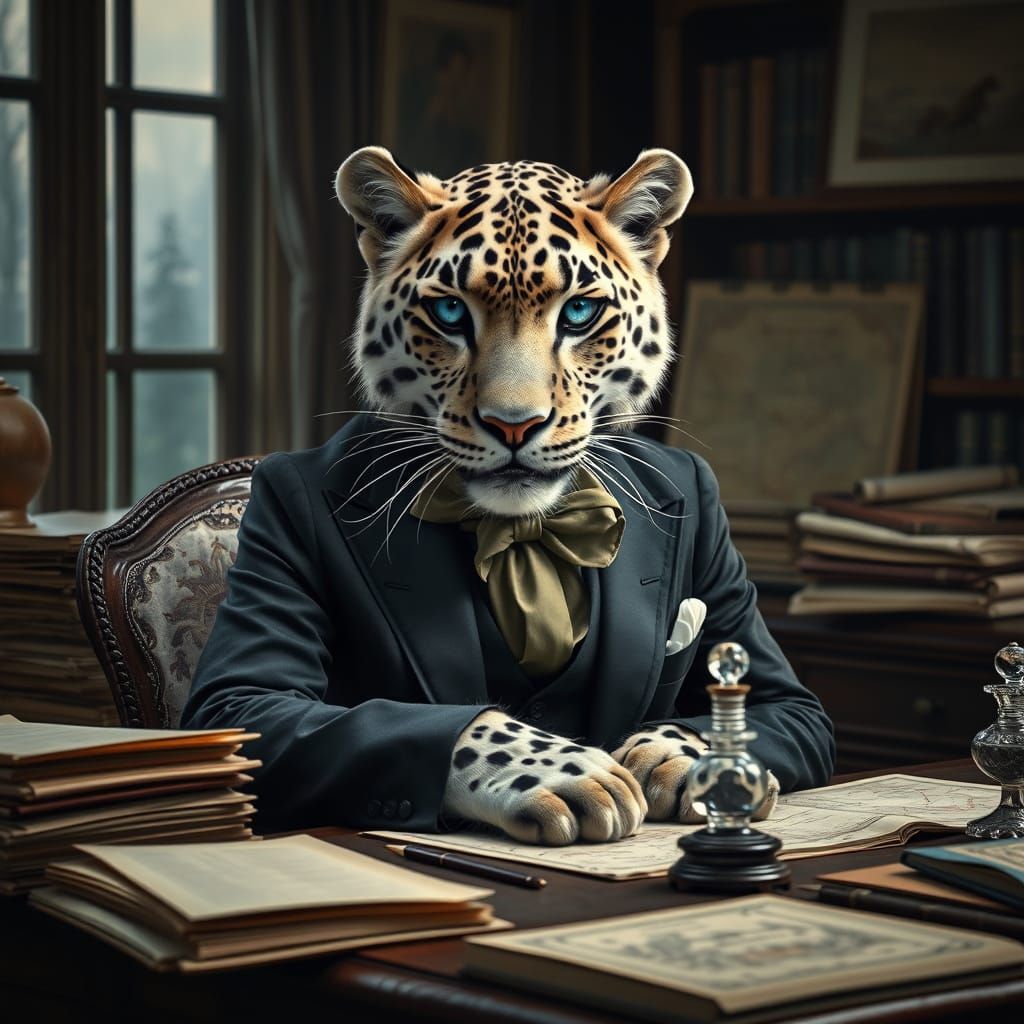 Snow Leopard Scholar in Elegant Study