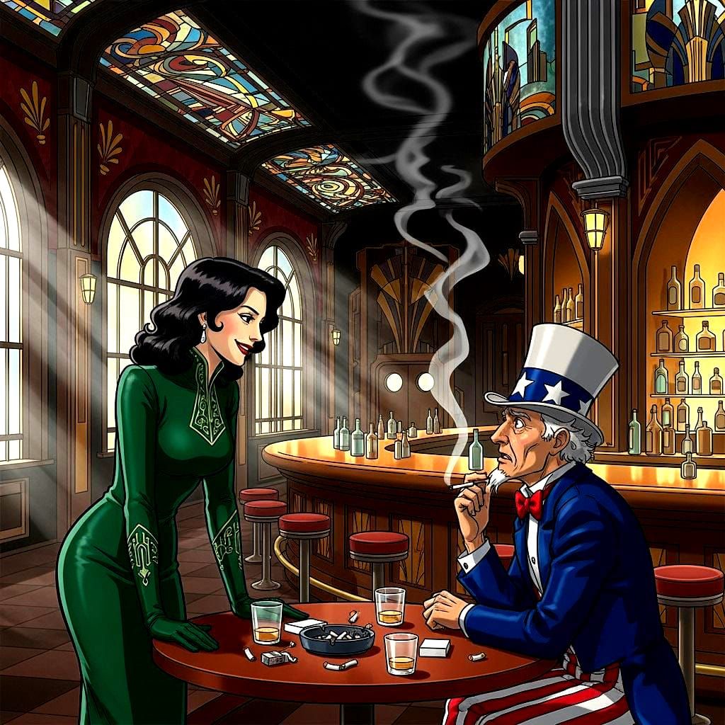 Seductive Spy Interrogates Uncle Sam in Vintage Bar