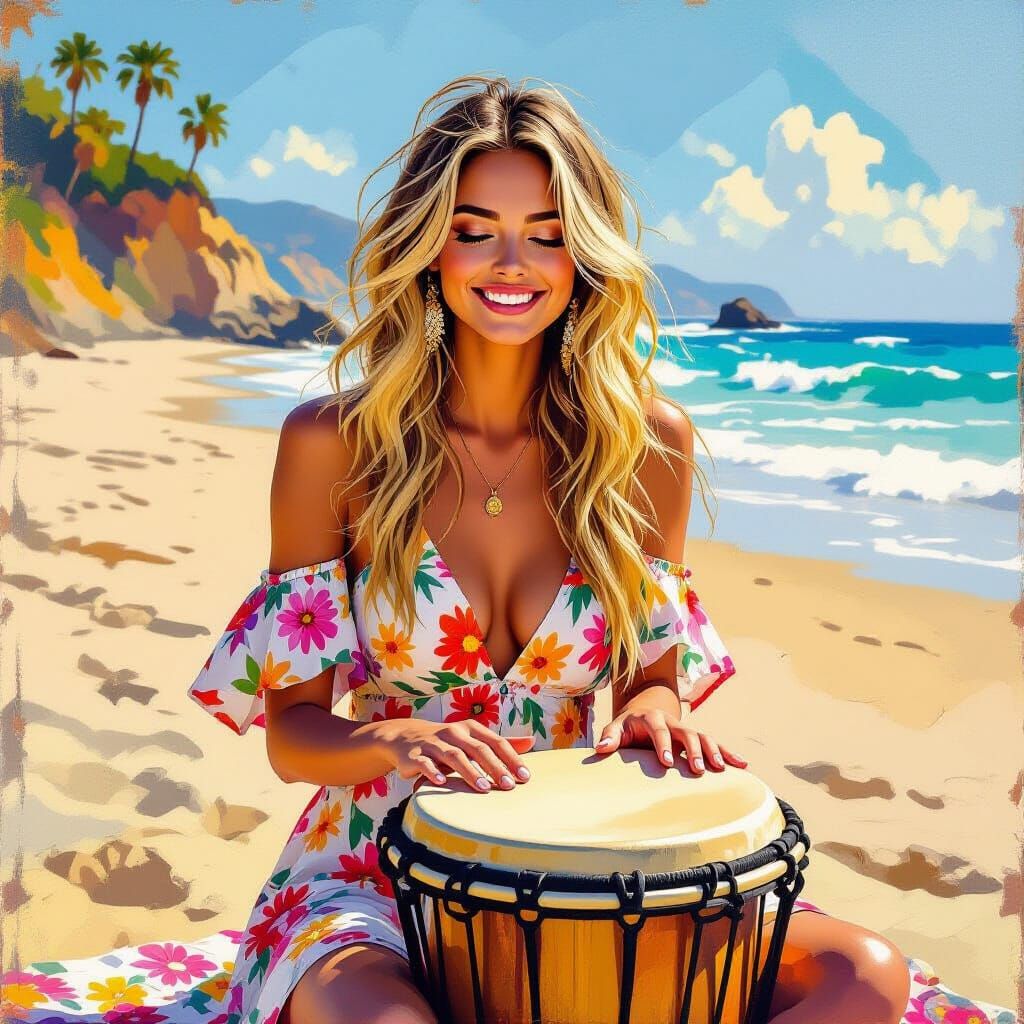 Boho Beauty Plays Bongo on Beach in Impasto Painting Style