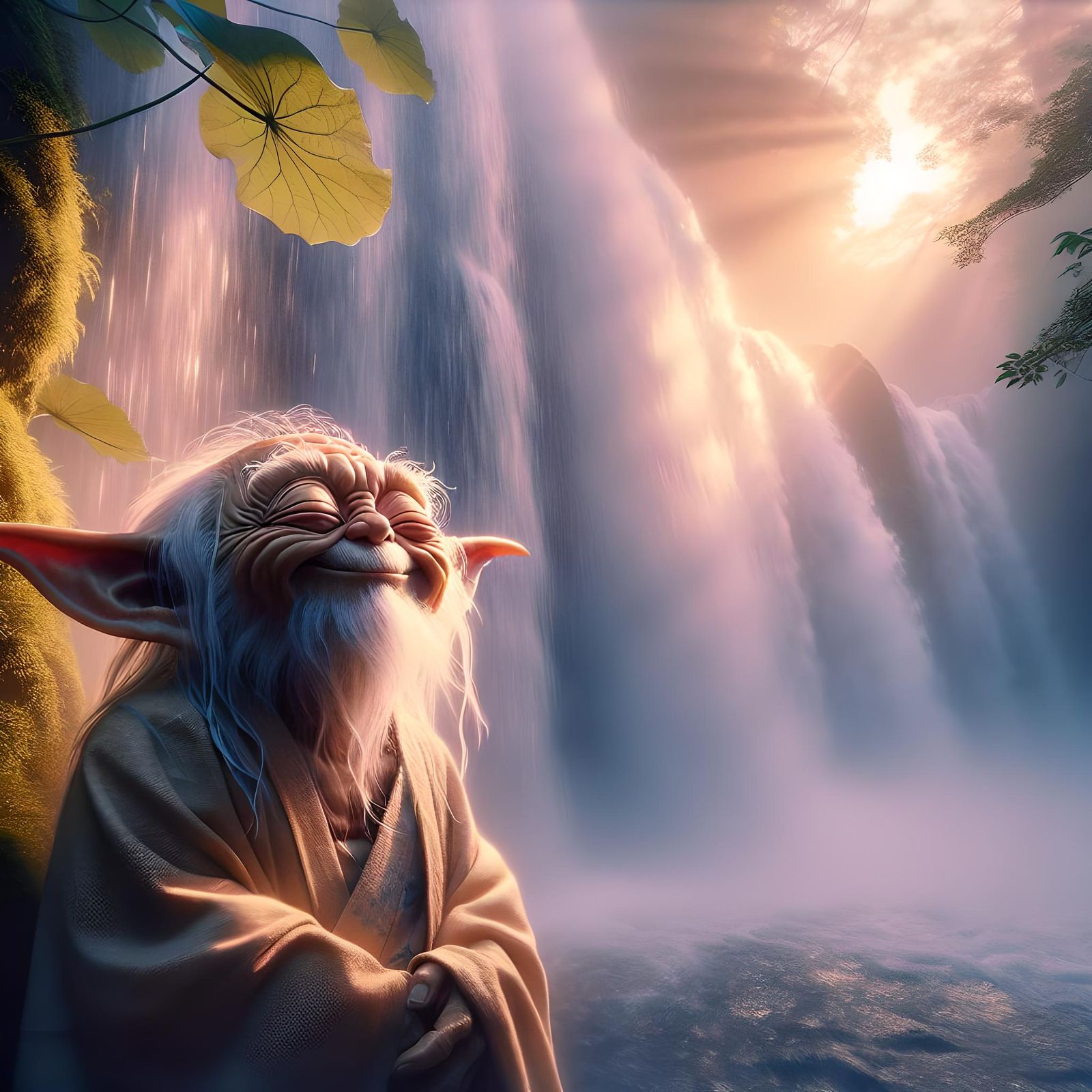 Gremlin Meditating at Waterfall in Ukiyo-e Style