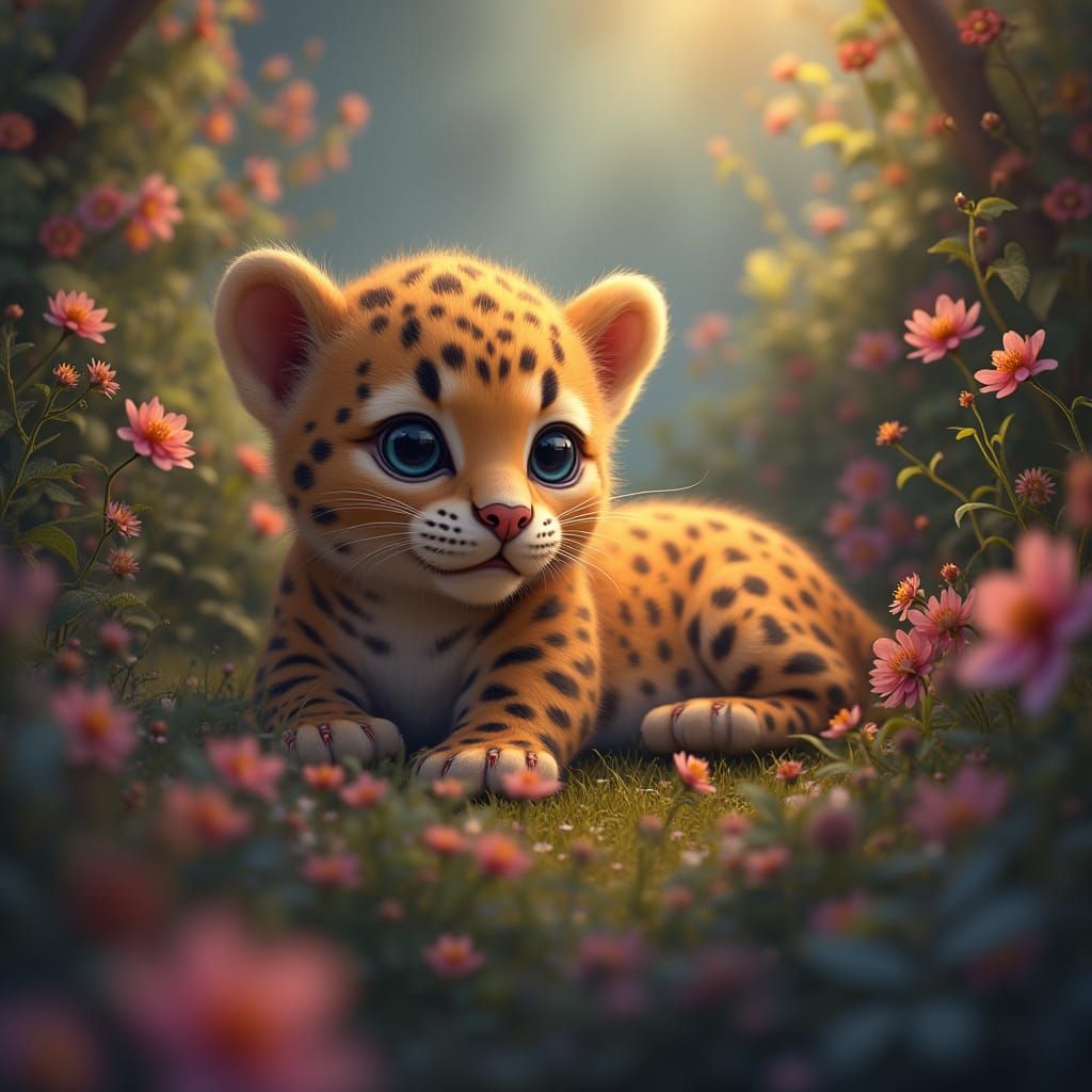 Dreamlike Baby Leopard in Vibrant, Mystical Landscape