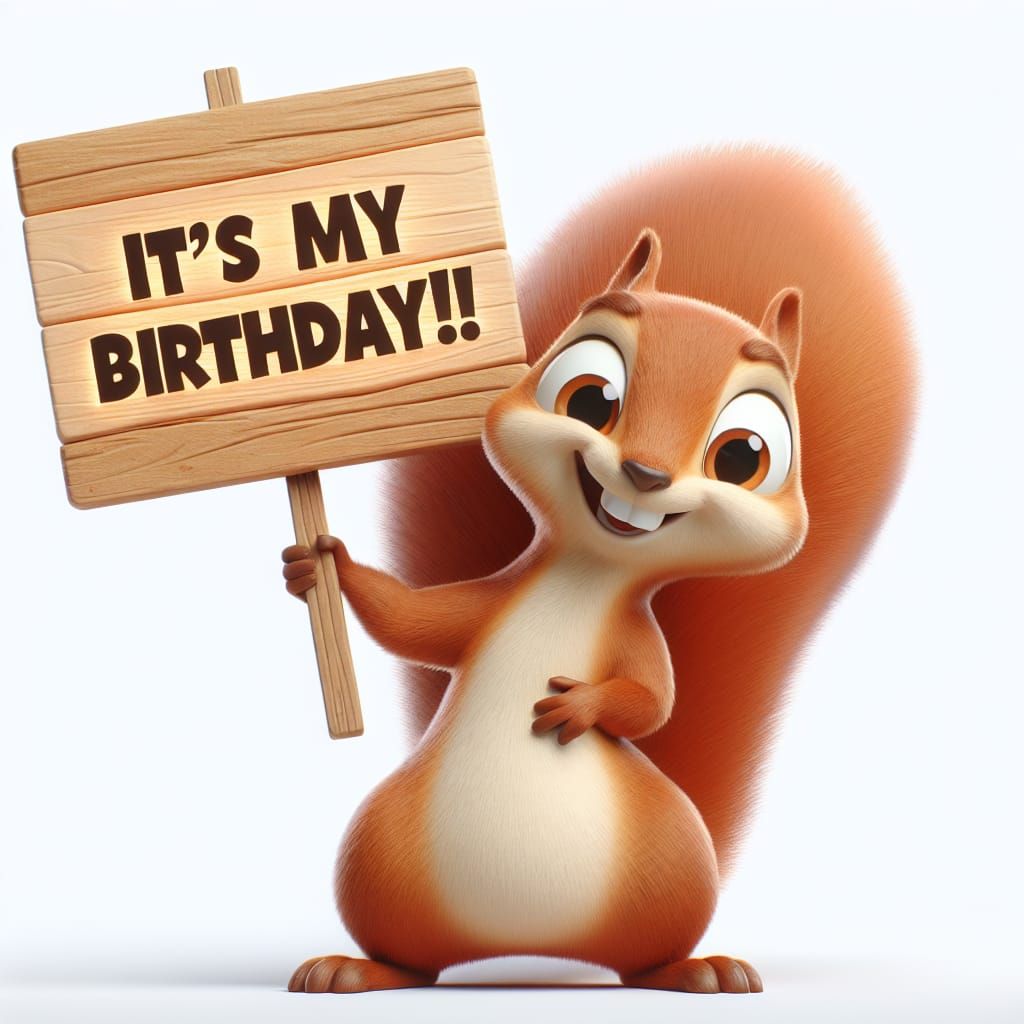 Grumpy CGI Squirrel Celebrates Birthday