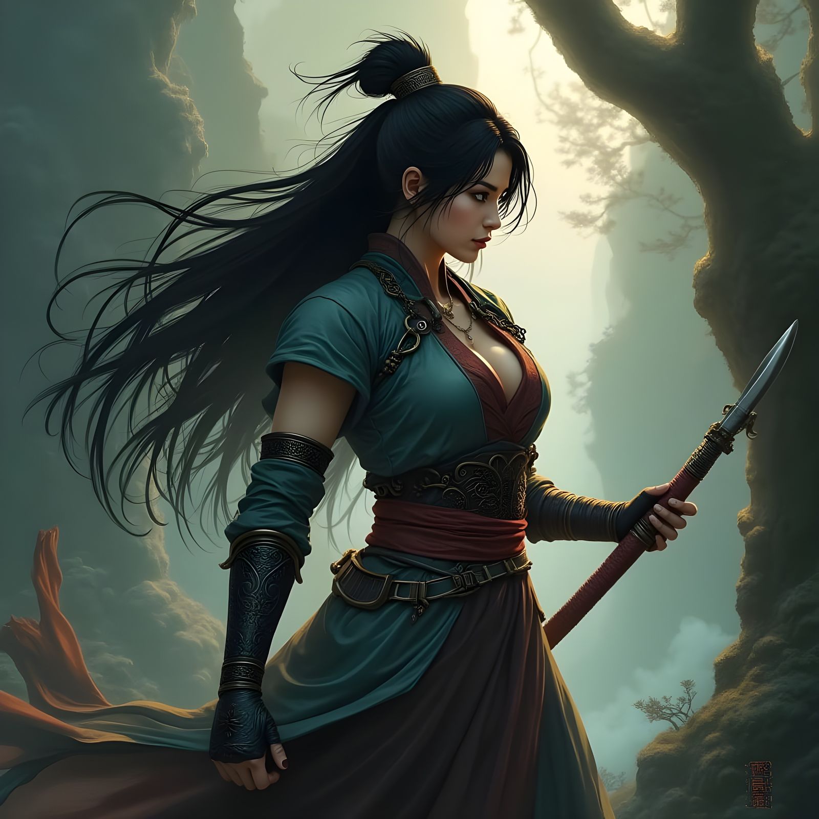 Heroic Chinese Woman in Mystical Mountain Landscape