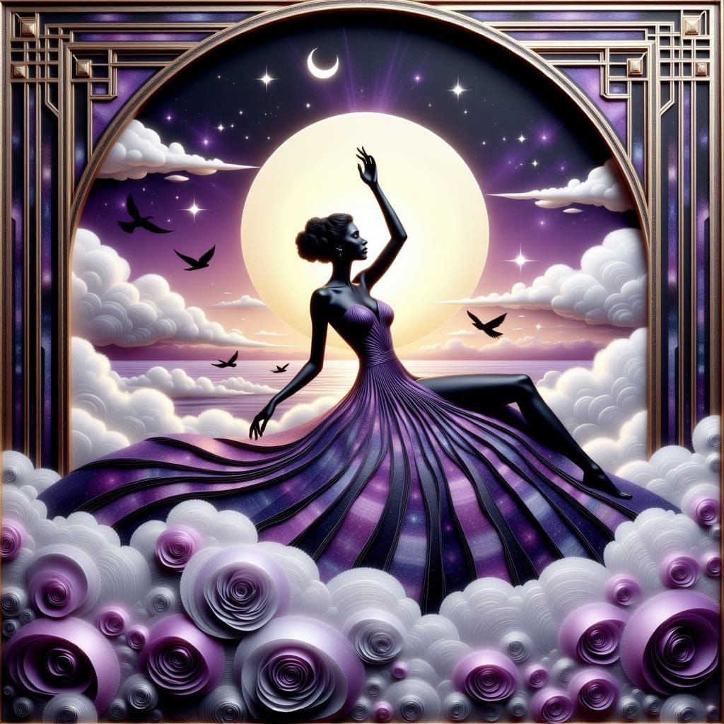 Ethereal Art Deco Goddess in Stylized Skyscape