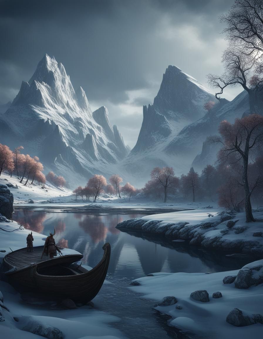 Snowy Scandinavian Landscape with Vikings