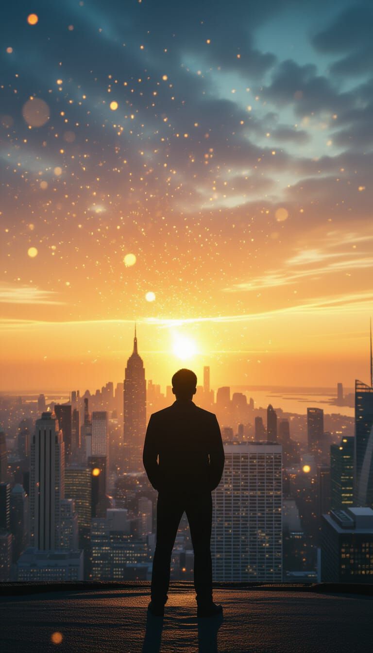 Confident Person at City Edge at Sunrise