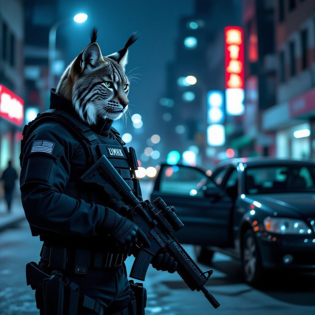 Lynx Security Guard in Dystopian Cityscape