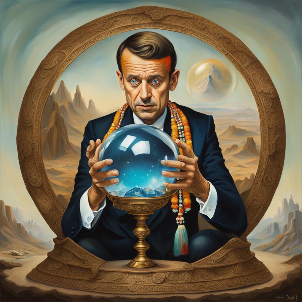 Macron as Shaman Reading Crystal Ball, Surrealist Oil