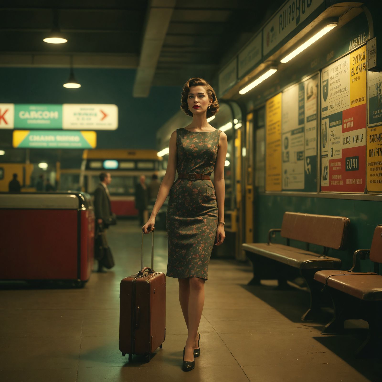 Woman Waiting at Bus Station in 1950s Style