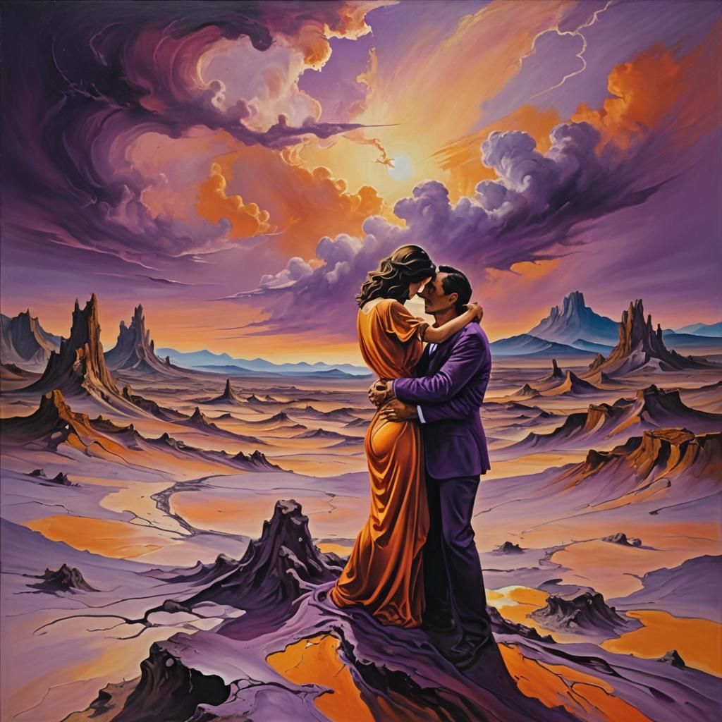 Lovers Embrace in Post-Apocalyptic Dreamscape as Oil Paintin...