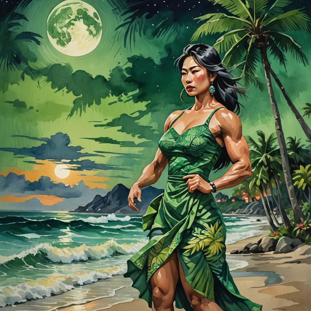 Asian Woman on Beach in Gouache Watercolor Style