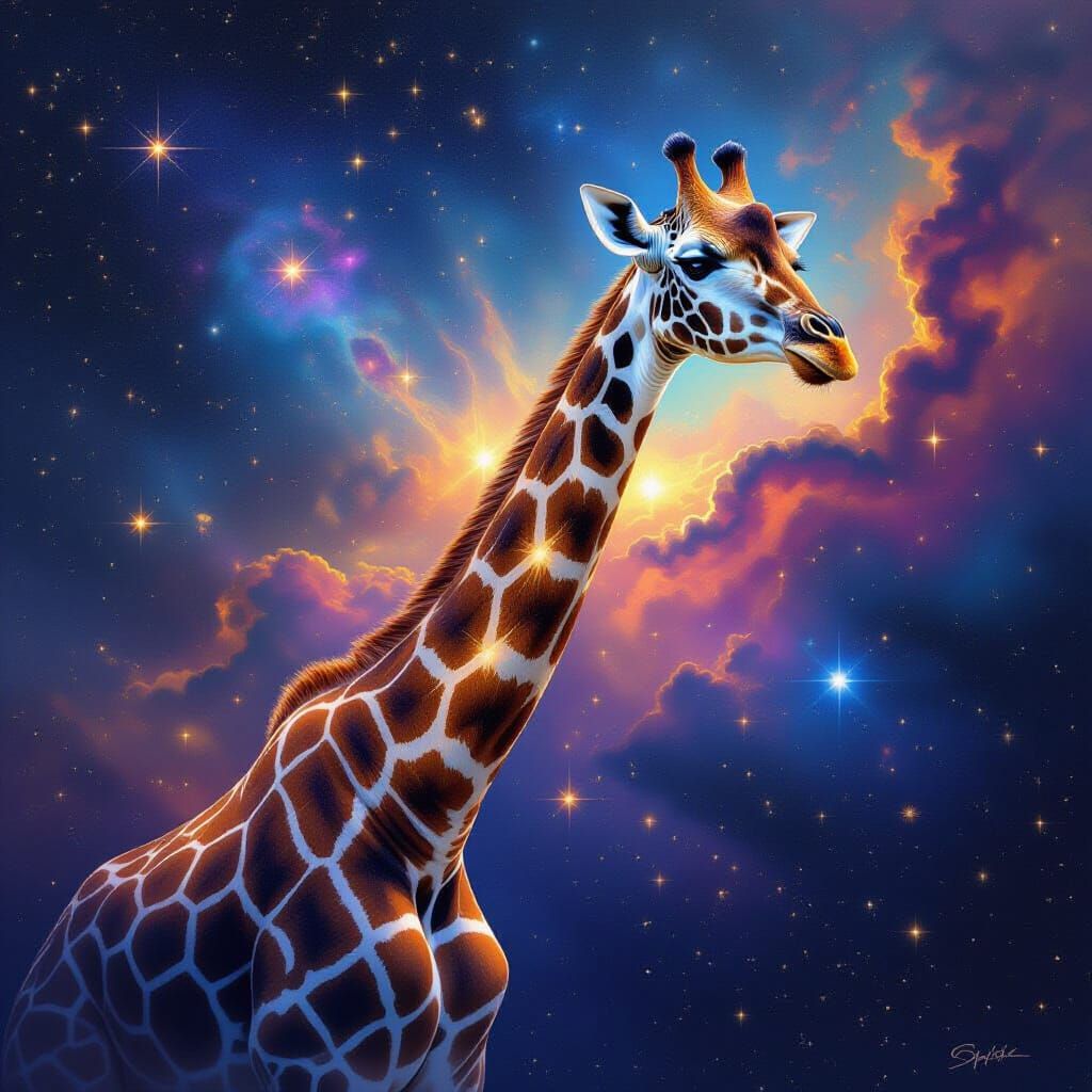 Giraffe in Nebula with Constellations in Surrealist Style