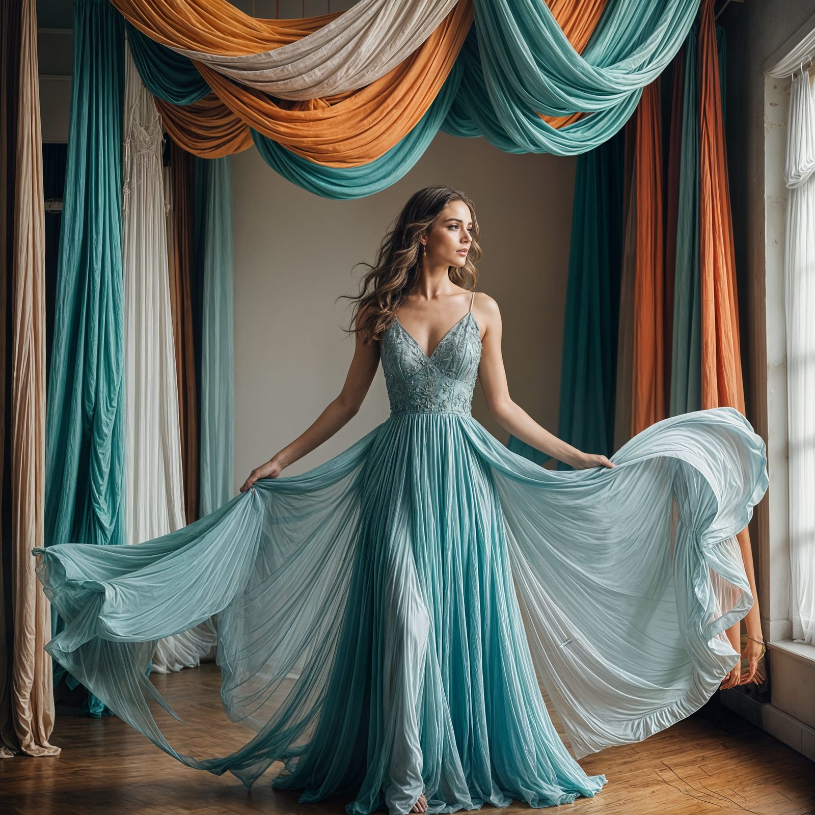 Ethereal Woman in Floating Dress