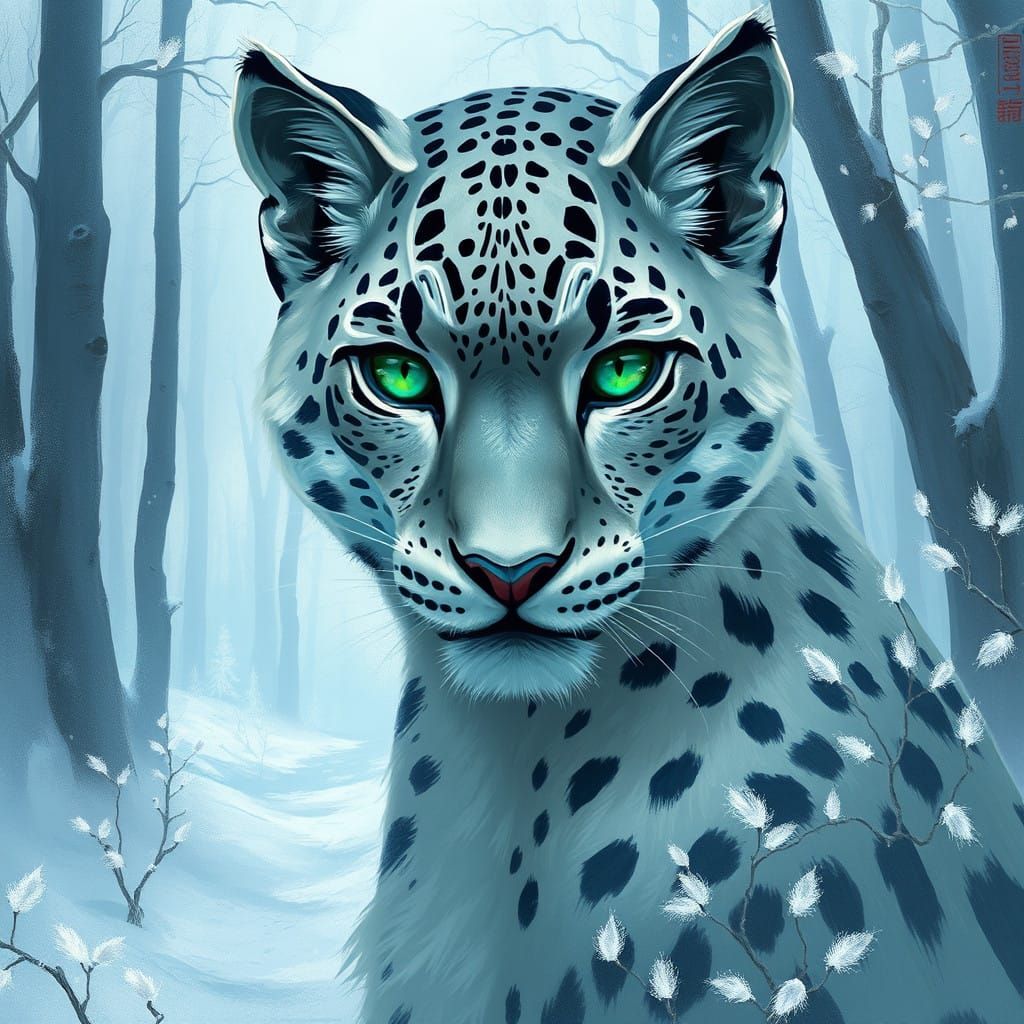 Mystical Snow Leopard Girl in Dreamlike Digital Painting