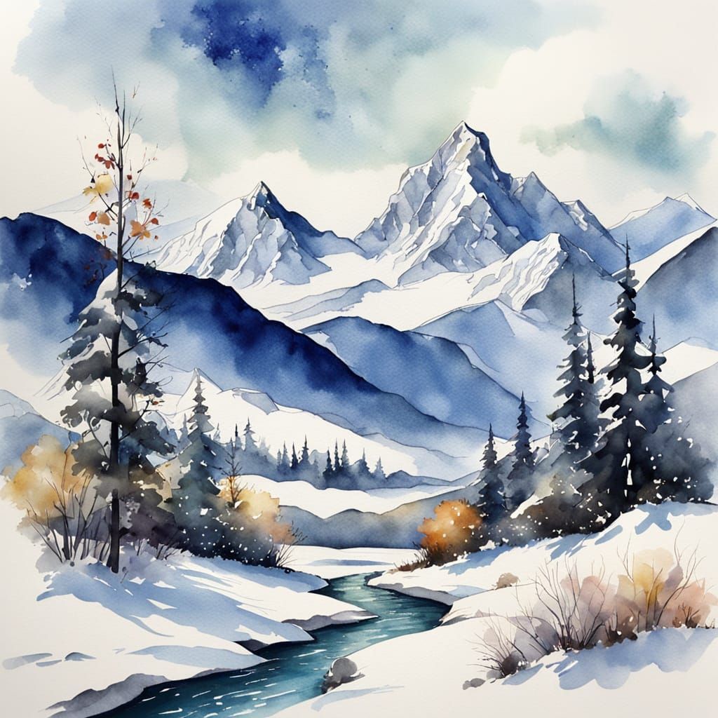 Majestic Snow Mountains in Watercolor Style
