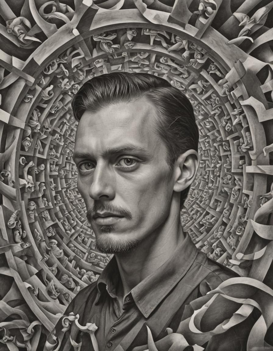 Man in Escher-Style Impossible Geometric Space