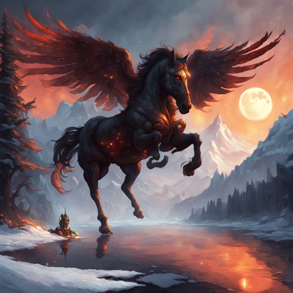 Fiery Winged Horse Flies Before Moon Over Snowy Mountains