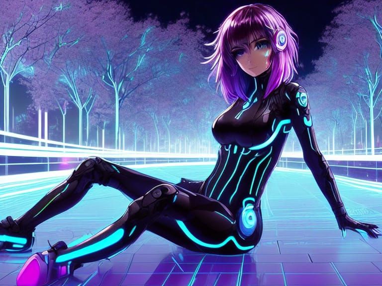 Anime art style female brunette mid-length hair wearing blac...