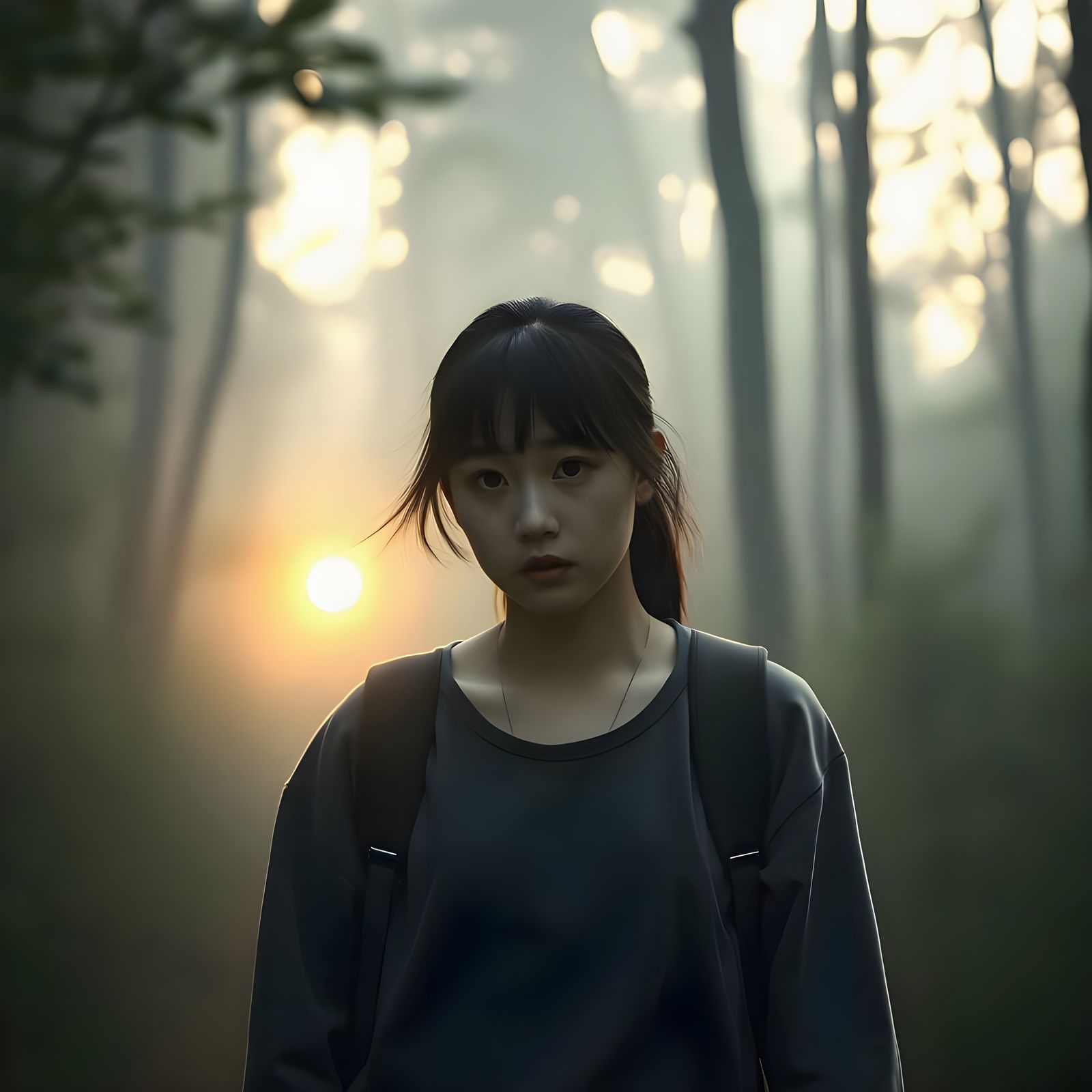 Korean Girl Lost in Fading Forest Light