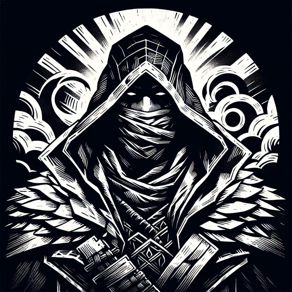 Mysterious Dark Fantasy Monk in Linocut Style
