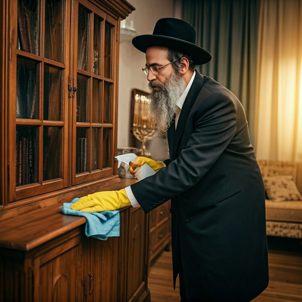 Haredi Jewish Man Cleaning Wooden Cabinet in Traditional Hom...