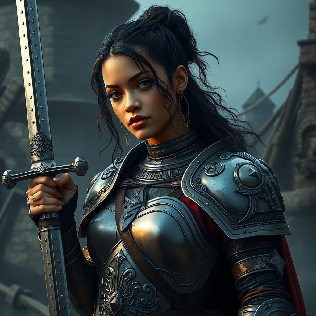 Rihanna-esque Woman as Fantasy Armored Fighter