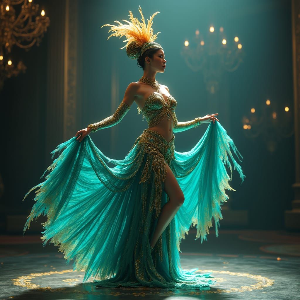 <lora:Ink Poet:1.0> cabaret dancer  wearing a teal with gold hints coloured sequined costume and a  feathered headdress ...