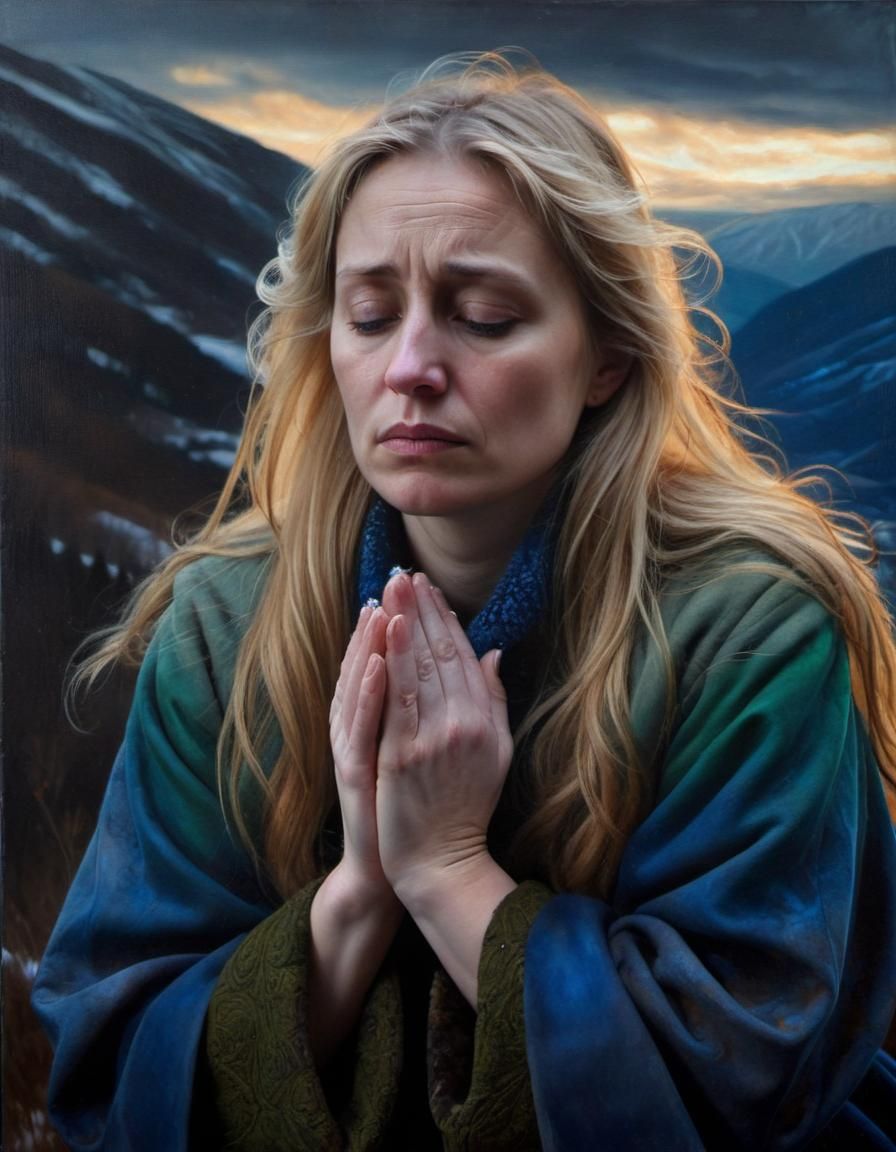 Renaissance Woman Kneeling in Winter Snow, Chiaroscuro Style