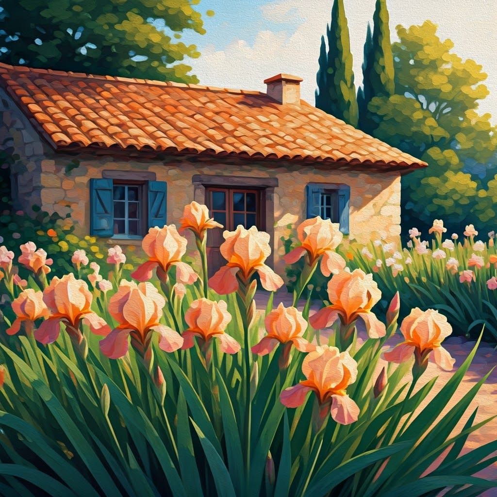 Dreamy Garden Scene with Vibrant Irises and Rustic Cottage