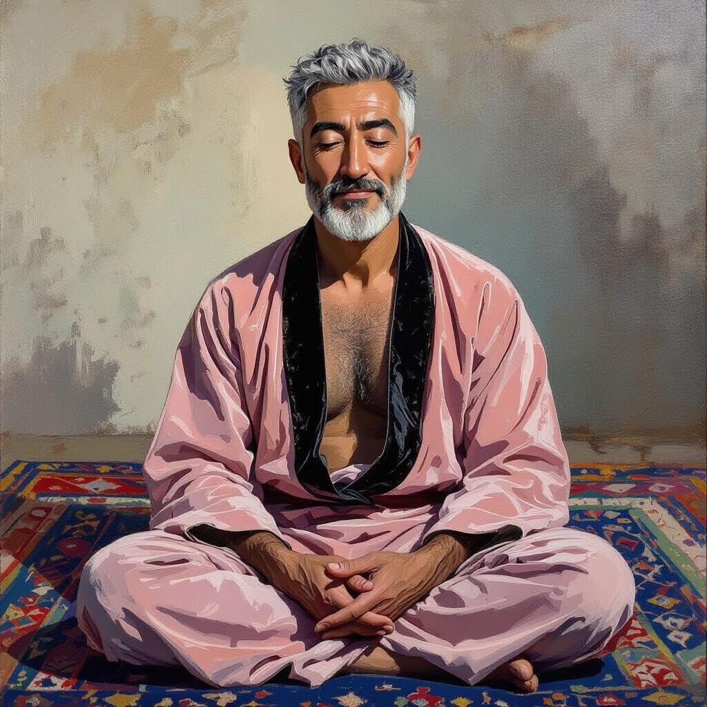 Serene Elderly Man in Velvet Robe, Neo-Impressionist Style