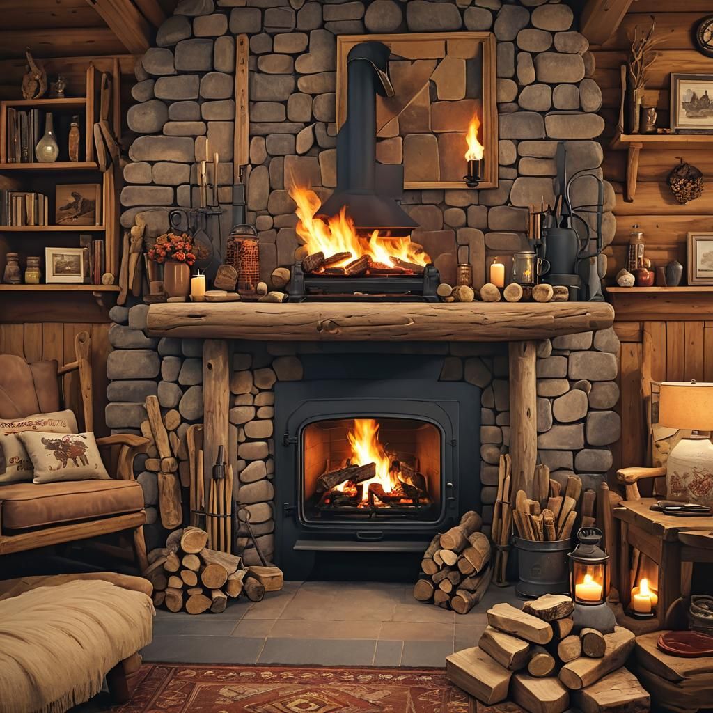 Cozy Flaming Fire in Log Cabin