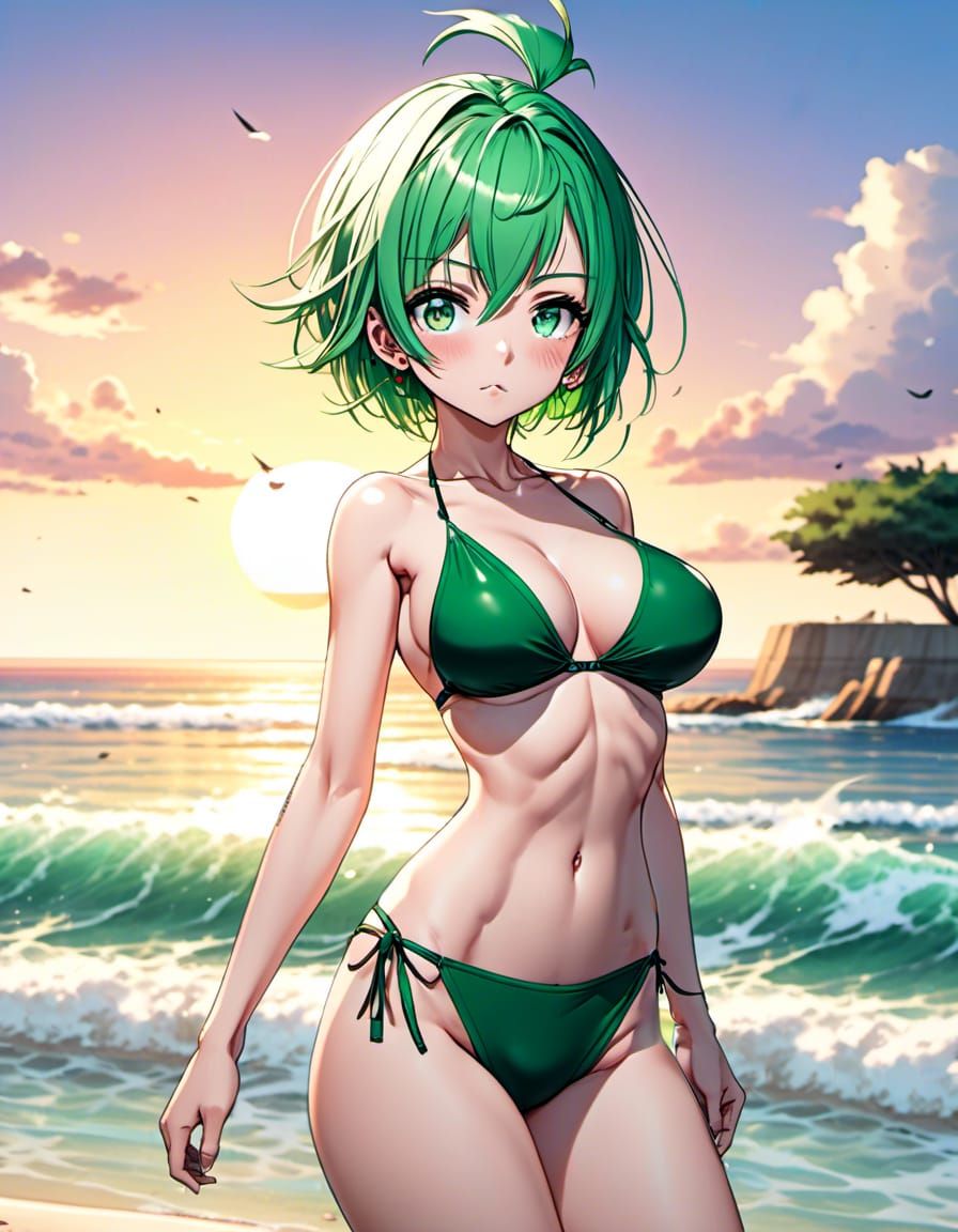 Anime Girl at Sunset Beach in Manga Style