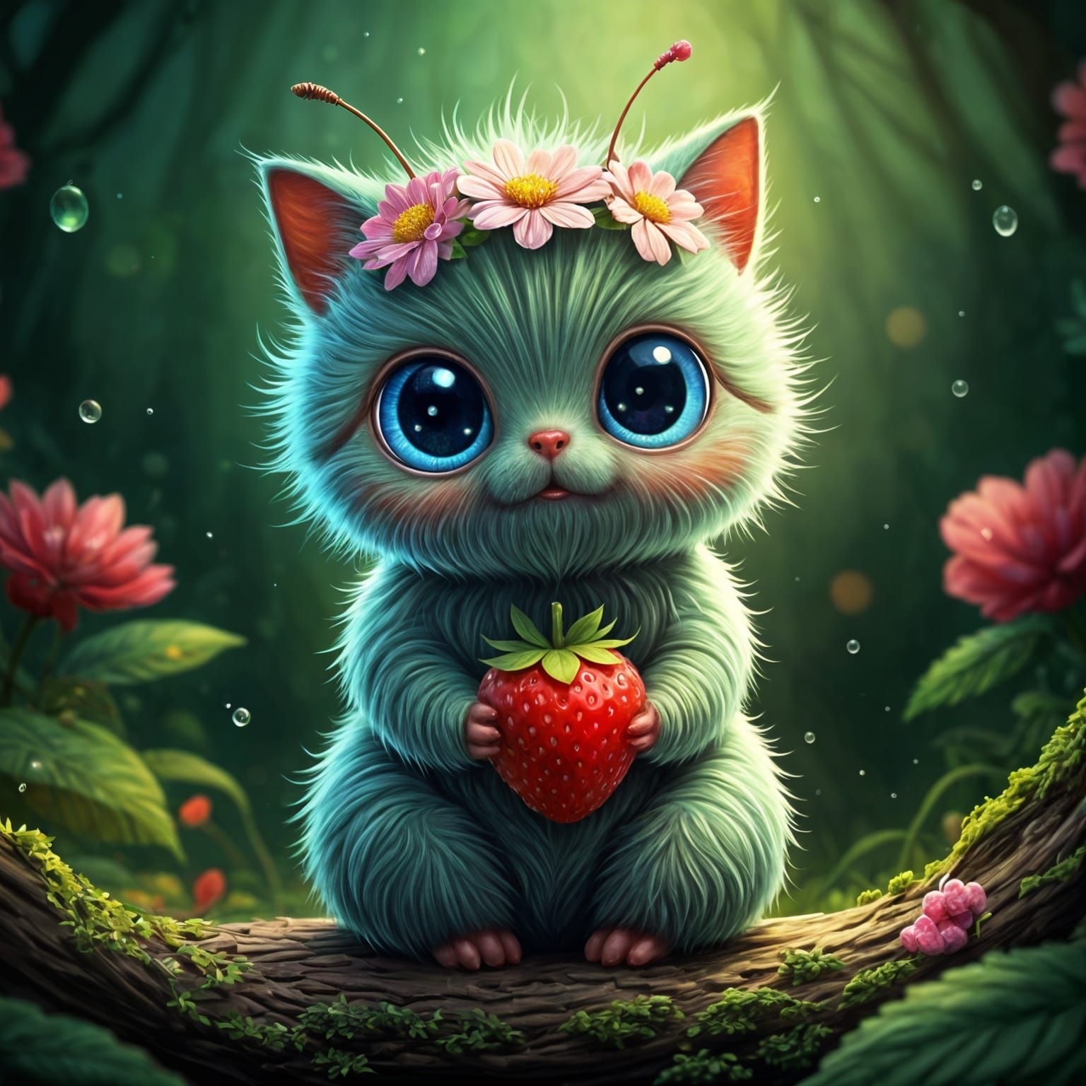 Cute Fuzzy Caterpillar-Cat Hybrid with Strawberry