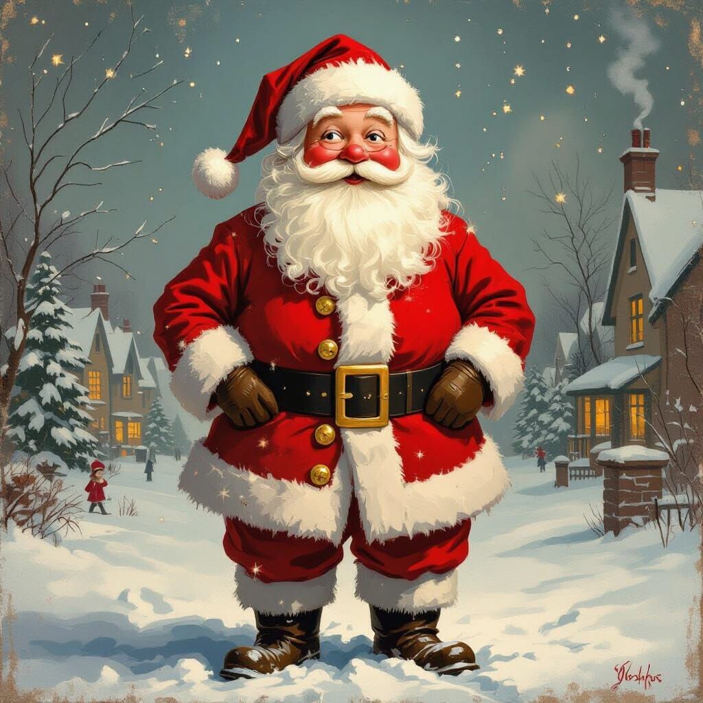 Father Christmas in Vintage Scene, Rockwell-esque Illustrati...