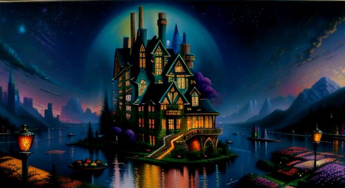 Futuristic Scintillating Landscape in Kinkade Style