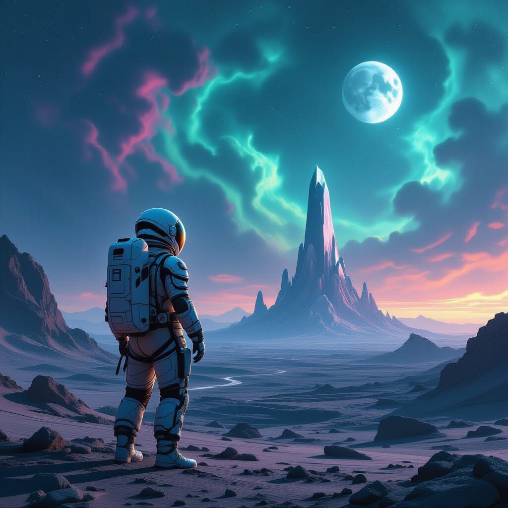 Astronaut on Alien Planet Under Nebula Sky