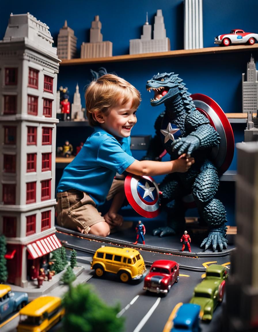 Detailed 8K Art of Kid Playing with Godzilla