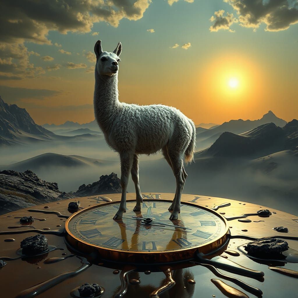 Surreal Llama on Melting Clock, Salvador Dali Style