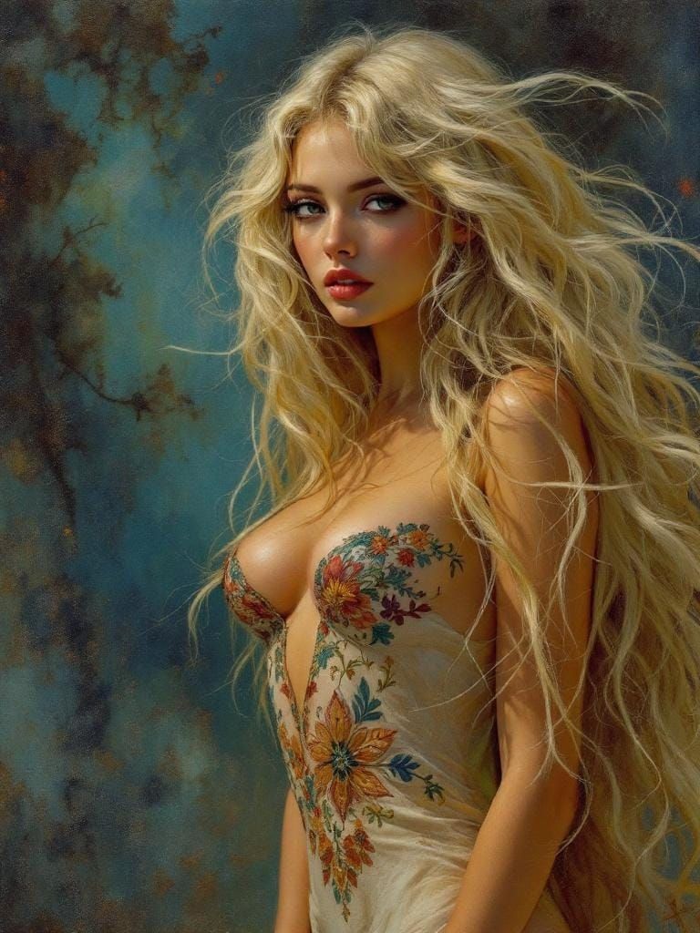 Woman in Embroidered Dress, Alphonse Mucha Style