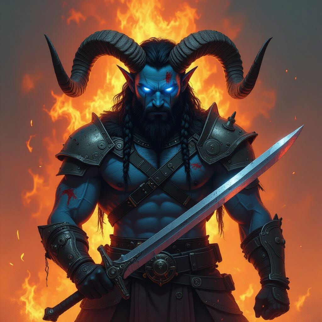 Fierce Blue Warrior with Horns and Fiery Aura