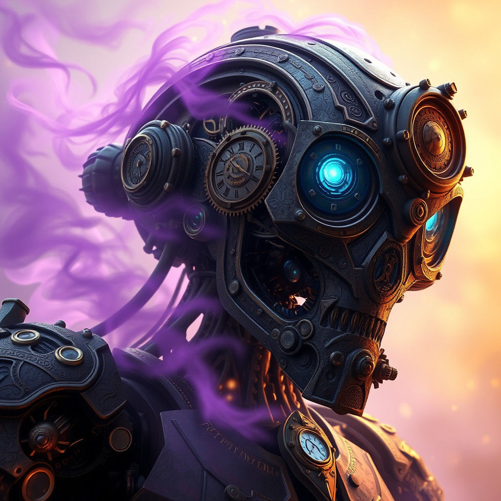 Ornate Clockwork Robot with Filigree and Mist