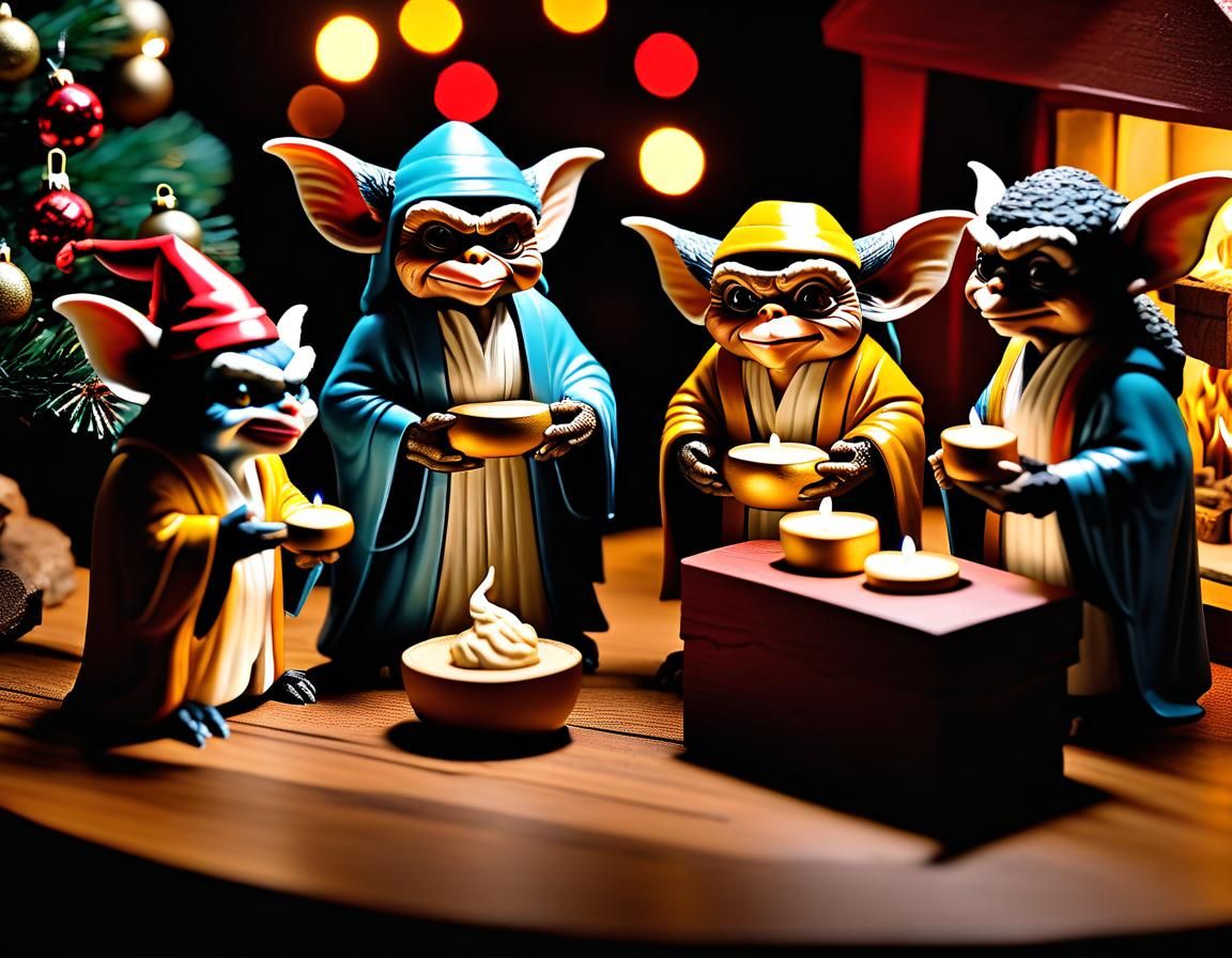 Gremlins Disrupt Christmas Nativity in Hyperrealistic Style